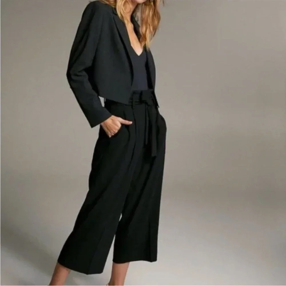 ARITZIA BABATON Linnea Belted Pleated Black Cropped Trousers Pants - Picture 2 of 10